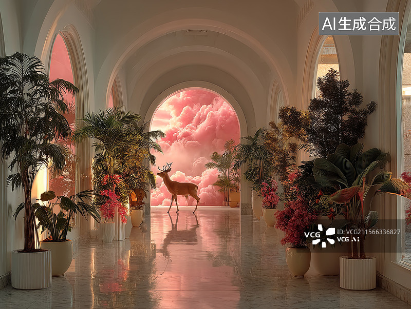 【AI数字艺术】粉嫩云朵鹿，梦幻走廊图片素材
