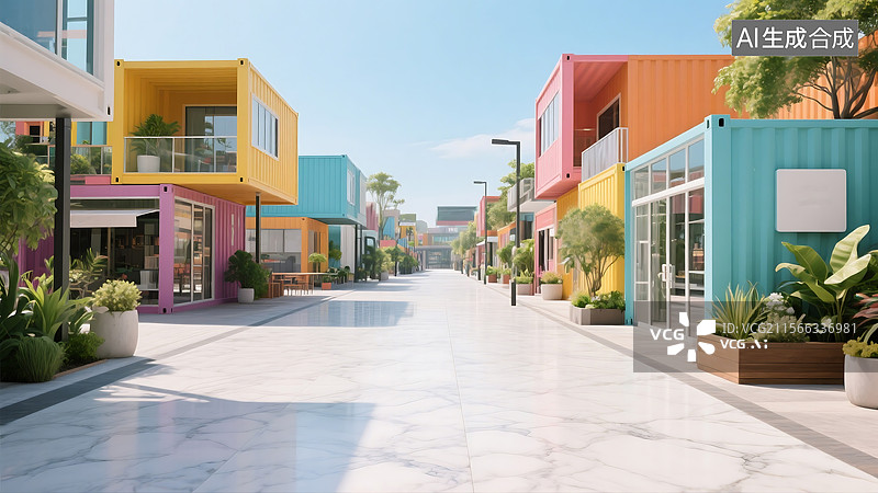 【AI数字艺术】色彩斑斓的集装箱建筑群创意商业街区图片素材