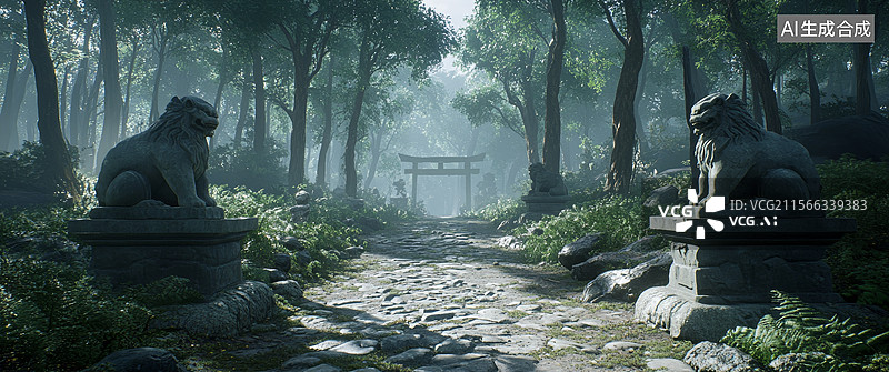 【AI数字艺术】石狮子守护的森林神社入口图片素材