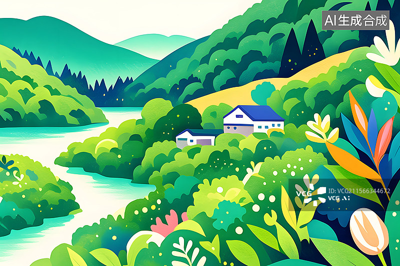 【AI数字艺术】乡村振兴农村田园风光插画图片素材
