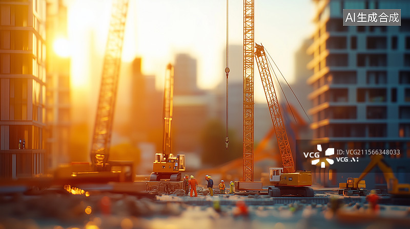 【AI数字艺术】在建的钢结构大楼施工现场移轴微缩图片素材