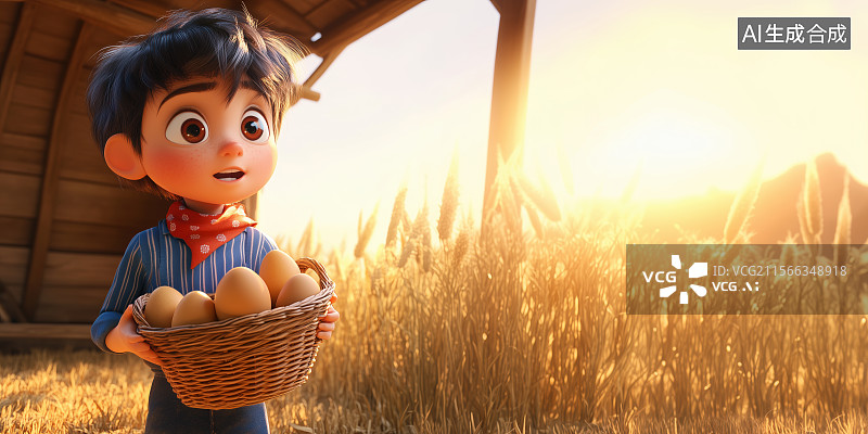 【AI数字艺术】3D三维卡通收捡鸡蛋的男孩饲养员乡村鸡窝畜牧业场景图片素材