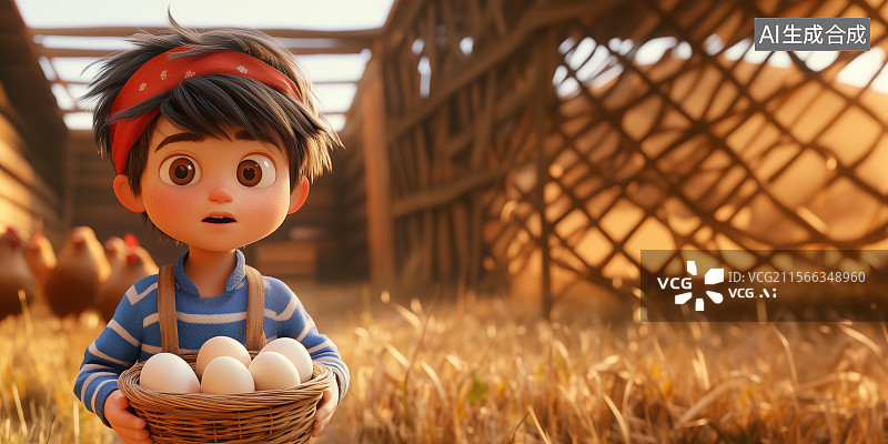 【AI数字艺术】3D三维卡通收捡鸡蛋的男孩饲养员乡村鸡窝畜牧业场景图片素材