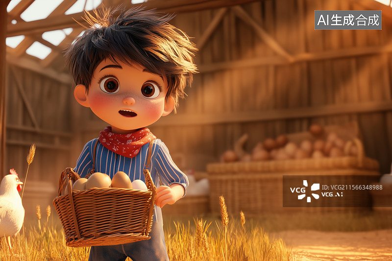 【AI数字艺术】3D三维卡通收捡鸡蛋的男孩饲养员乡村鸡窝畜牧业场景图片素材