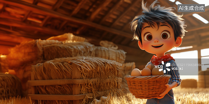 【AI数字艺术】3D三维卡通收捡鸡蛋的男孩饲养员乡村鸡窝畜牧业场景图片素材