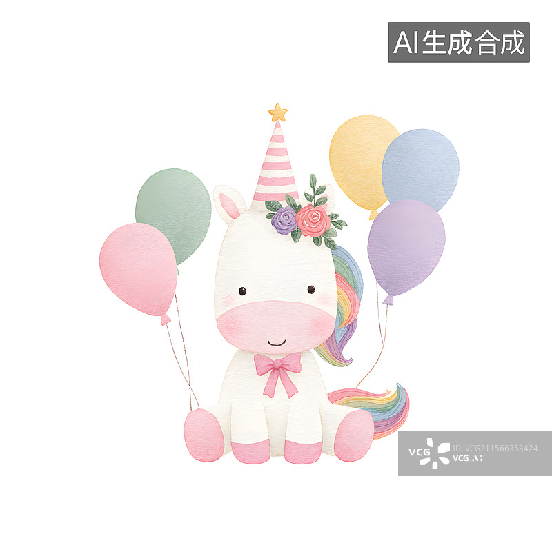 【AI数字艺术】独角兽 生日 可爱 气球图片素材