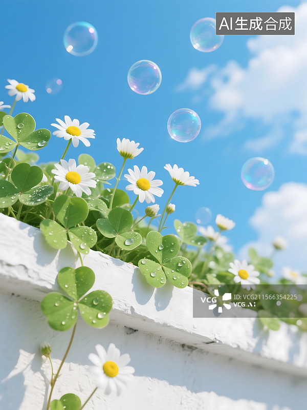 【AI数字艺术】蓝天下白色开花植物的特写镜头图片素材