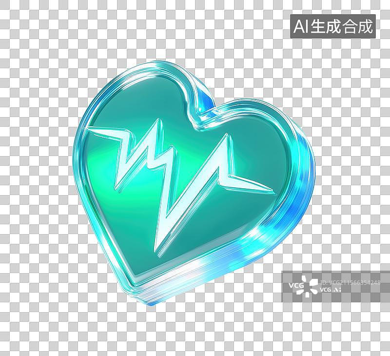 【AI数字艺术】3D三维玻璃材质半透明医疗桃心型心跳心电图元素图片素材