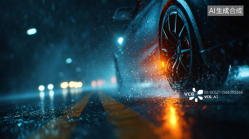 【AI数字艺术】雨夜街头的汽车尾灯与倒影图片素材
