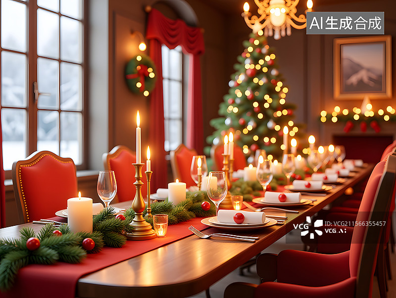 【AI数字艺术】圣诞节温馨餐桌布置的3D插画图片素材