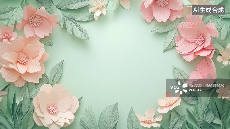 【AI数字艺术】3D三维卡通剪纸绿植春天盛开花朵环绕装饰框背景墙图片素材