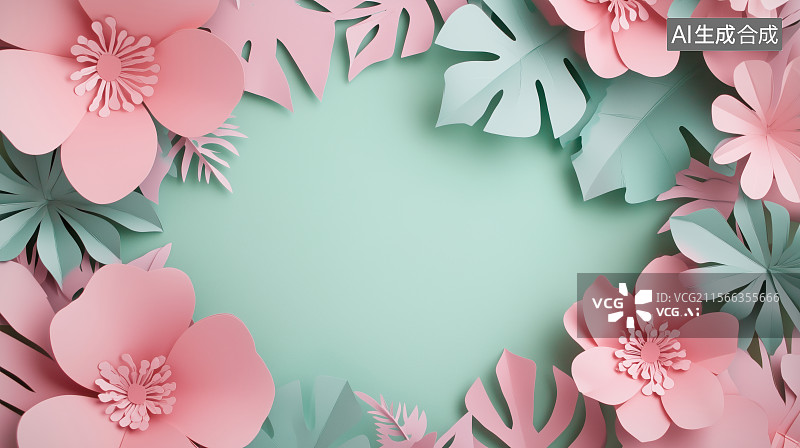 【AI数字艺术】3D三维卡通剪纸绿植春天盛开花朵环绕装饰框背景墙图片素材