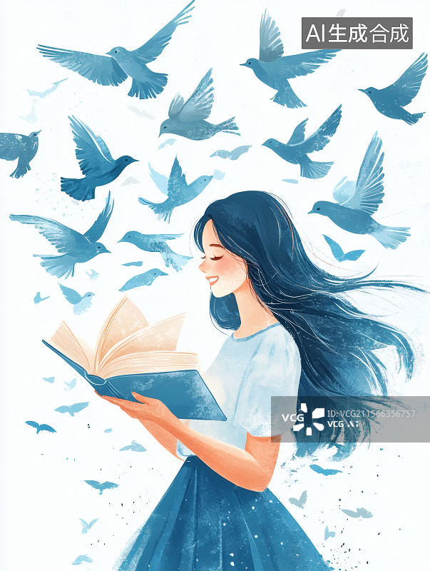 【AI数字艺术】鸽子飞舞，女子在认真的阅读图片素材
