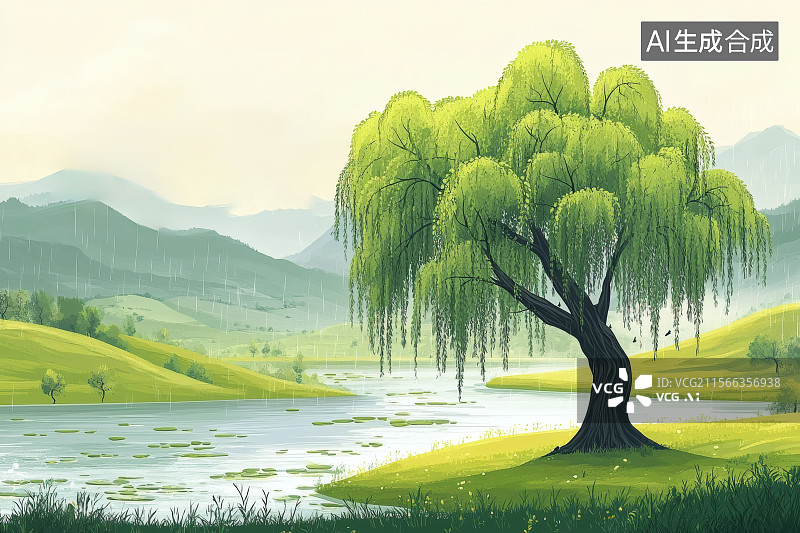 【AI数字艺术】春天，柳树发芽，随风飘扬图片素材
