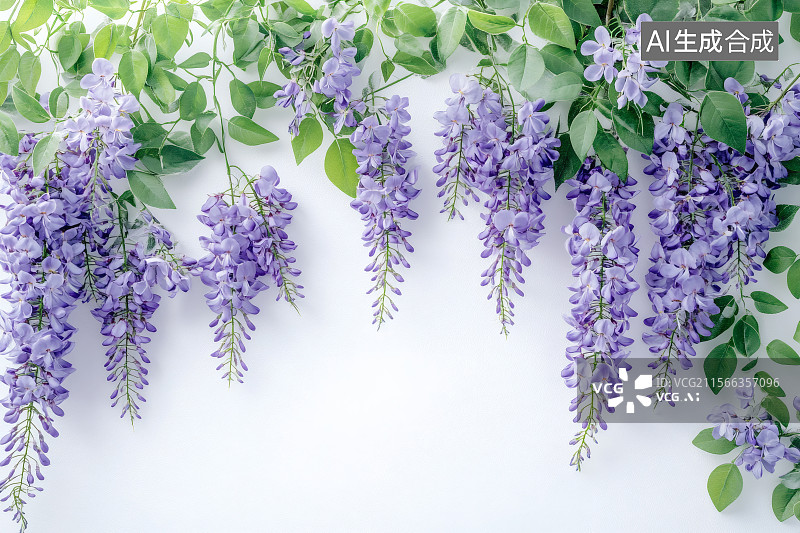 【AI数字艺术】白色背景下，盛开的紫藤萝图片素材