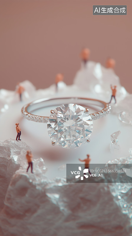 【AI数字艺术】微缩小人制作钻石项链戒指珠宝爱情情人节的移轴微缩创意场景图片素材