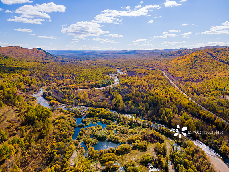 大兴安岭森林秋天航拍风景图片素材
