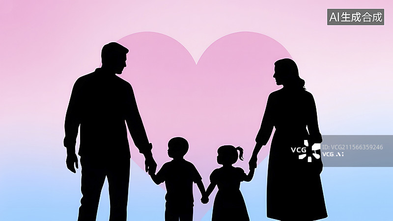 【AI数字艺术】四口之家牵手的爱心背景剪影图图片素材
