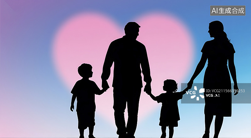 【AI数字艺术】四口之家牵手的爱心背景剪影图图片素材