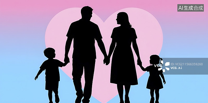 【AI数字艺术】四口之家牵手的爱心背景剪影图图片素材