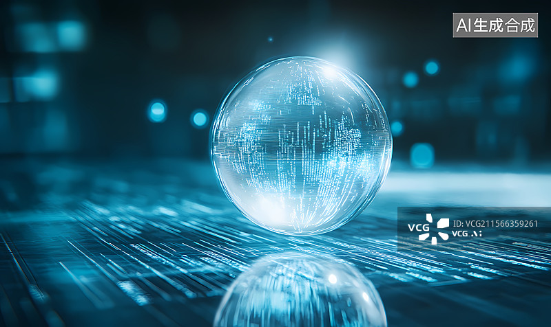 【AI数字艺术】科技电路板上的透明球体图片素材