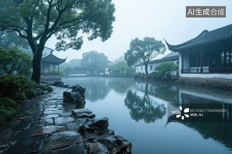 【AI数字艺术】中国传统园林的朦胧晨曦图片素材