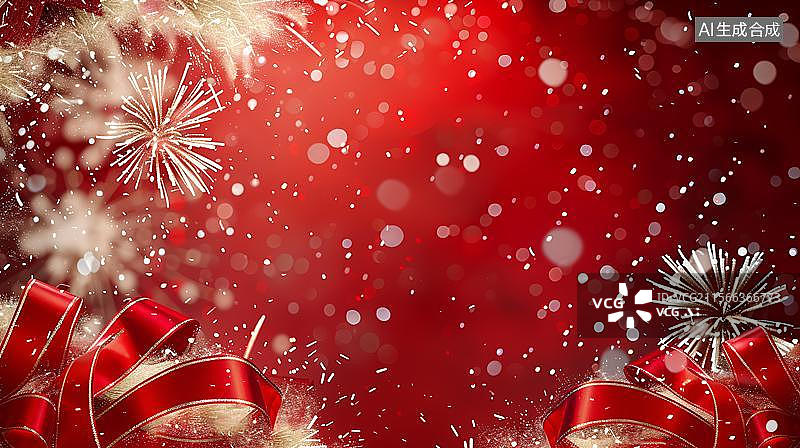 【AI数字艺术】节日庆典的绚丽光影  红色丝带烟花喜庆舞台 党建背景图片素材