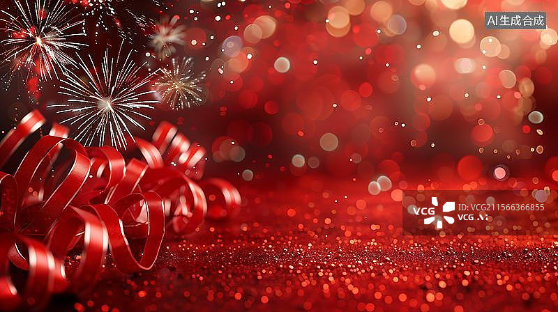 【AI数字艺术】节日庆典的绚丽光影  红色丝带烟花喜庆舞台 党建背景图片素材