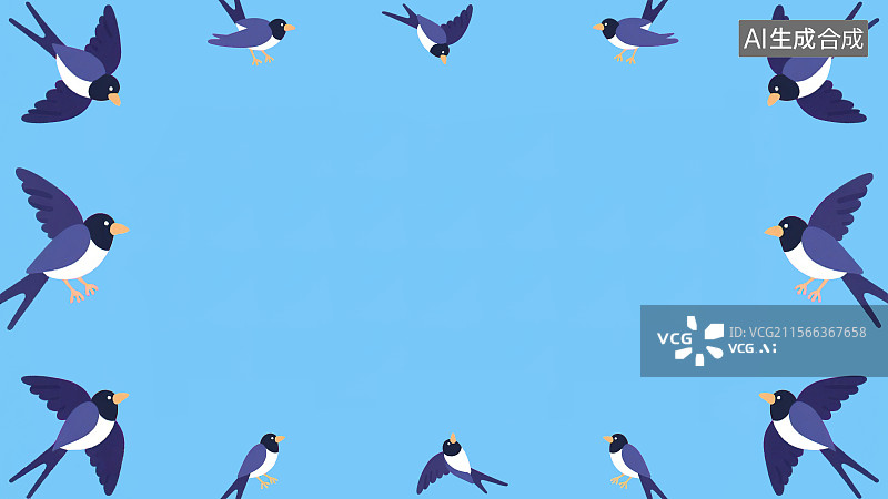【AI数字艺术】2D卡通环绕背景趣味扁平元素，喜鹊飞鸟卡通装饰画印花图案花边边框 七夕节中国传统节日设计素材手绘插画图片素材