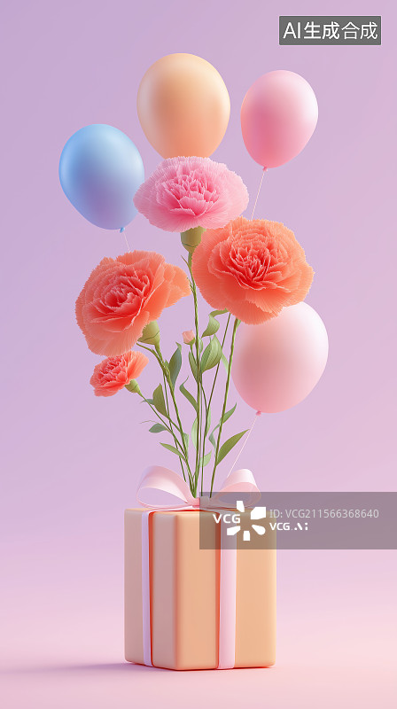 【AI数字艺术】母亲节主题背景——礼物、气球与康乃馨图片素材
