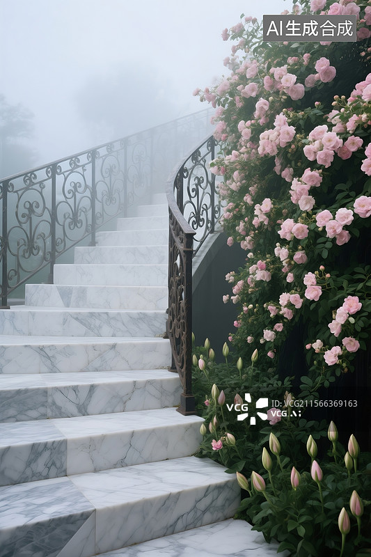 【AI数字艺术】大理石台阶向上延伸，右侧花瀑采用多层木香花组合，上层盛开淡粉花朵下层含苞待放，阶梯转折处设雕花铁艺栏图片素材