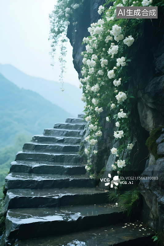 【AI数字艺术】螺旋形青石阶梯自下盘旋，木香花藤覆盖右侧岩壁，成串奶白色花朵如珠帘垂挂，石阶表面带着湿润反光图片素材