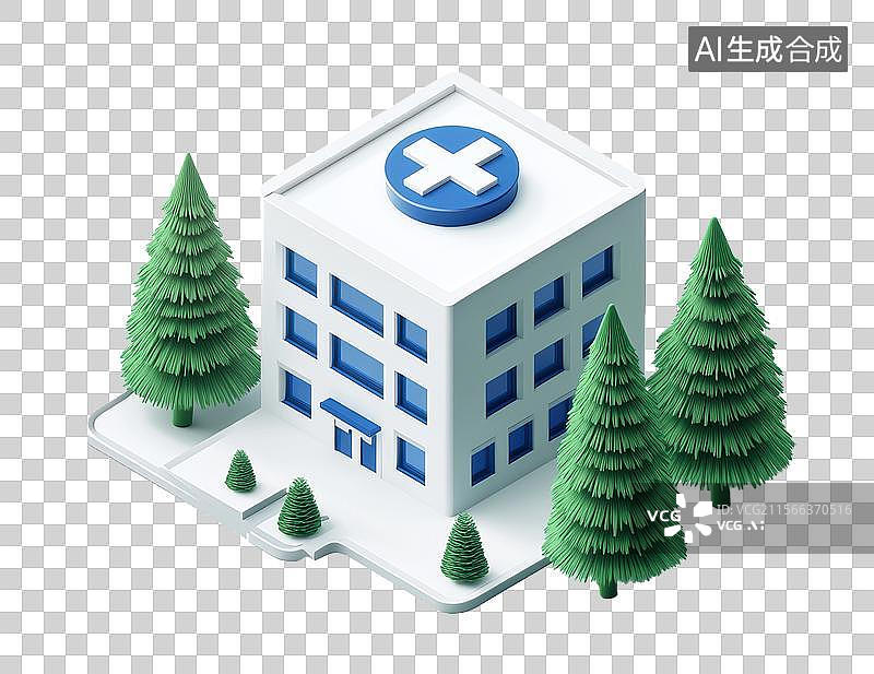 【AI数字艺术】3D三维白色卡通医院与城市模型医院元素图片素材