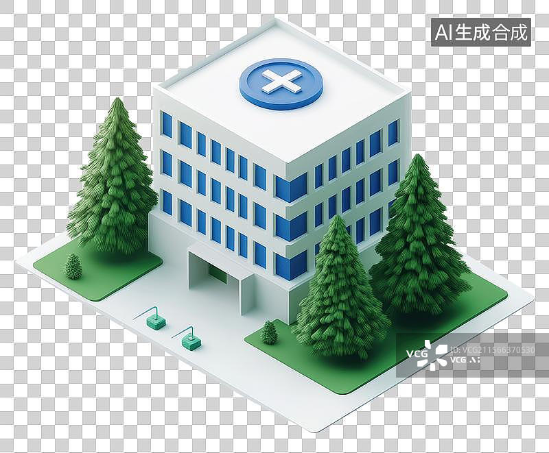 【AI数字艺术】3D三维白色卡通医院与城市模型医院元素图片素材
