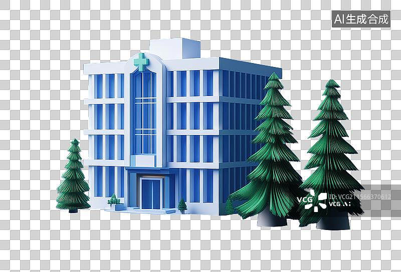 【AI数字艺术】3D三维白色卡通医院与城市模型医院元素图片素材