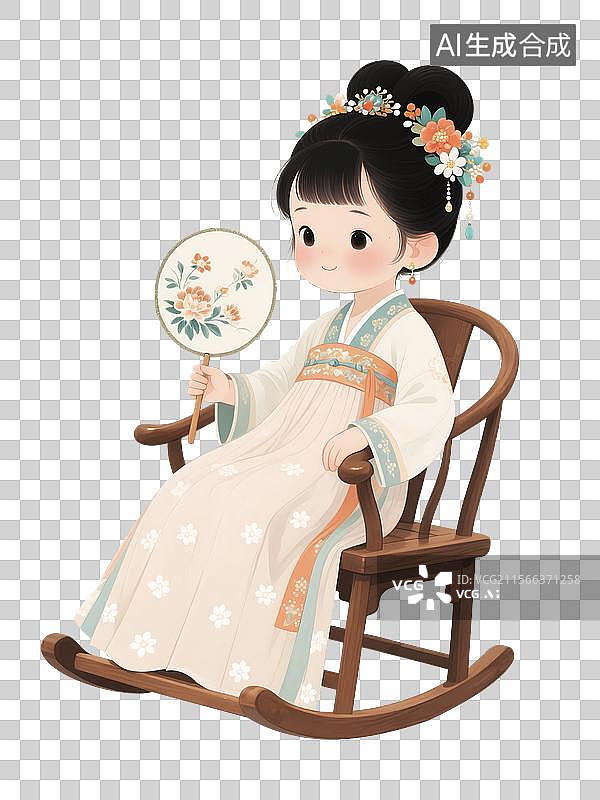 【AI数字艺术】摇椅扇子古风仕女国画女孩图片素材