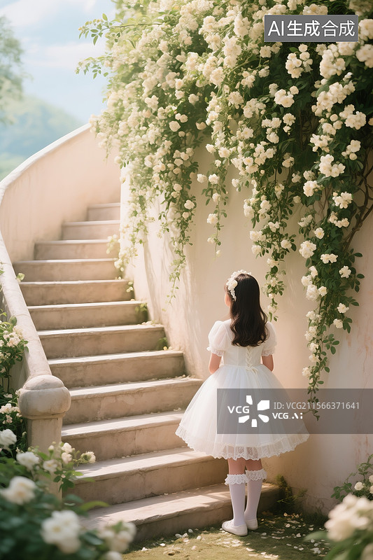 【AI数字艺术】下往上的阶梯，阶梯右边大片木香花，花枝垂下像瀑布般，花下站立一个穿公主蓬蓬裙的小女孩图片素材
