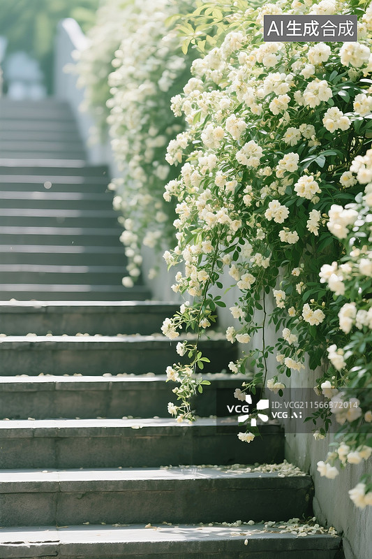 【AI数字艺术】自下往上的阶梯，阶梯右边大片木香花，花枝垂下像瀑布般，唯美场景图片素材