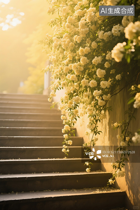 【AI数字艺术】自下往上的阶梯，阶梯右边大片木香花，花枝垂下像瀑布般，唯美场景图片素材