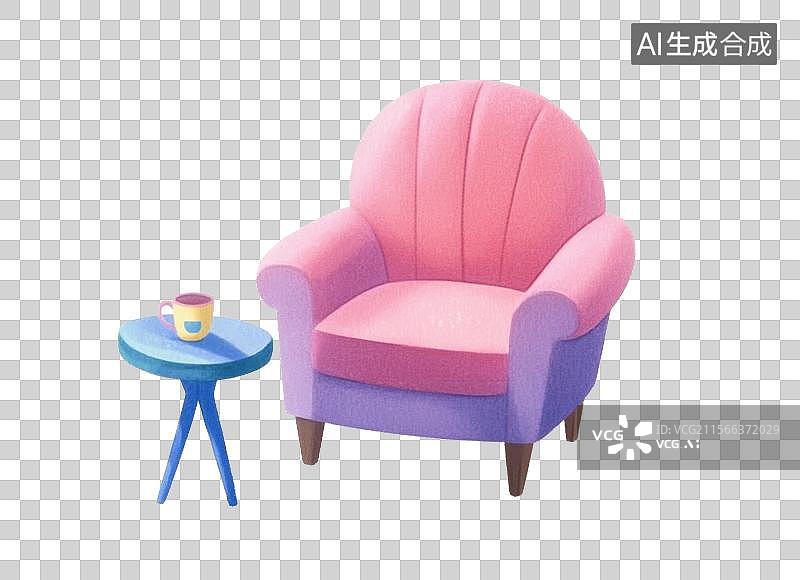 【AI数字艺术】卡通手绘紫粉色单人沙发边几家具家居摆设插画元素图片素材