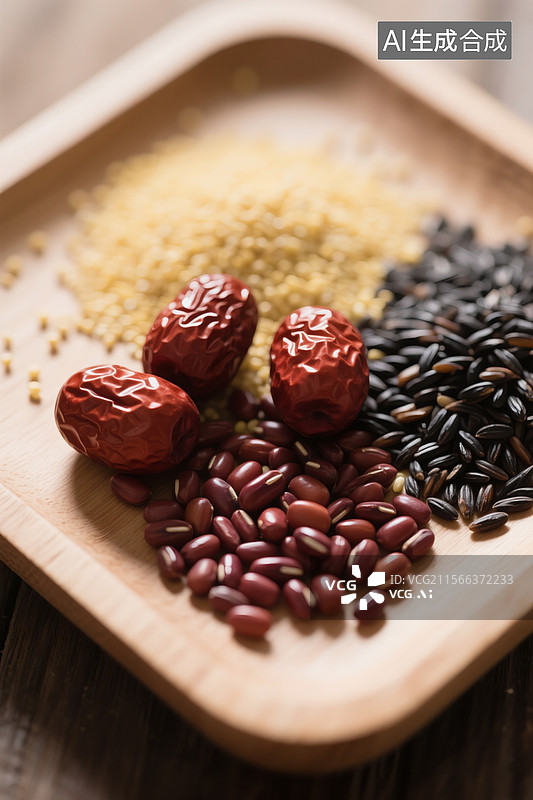 【AI数字艺术】木质托盘特写，红枣、小米、红豆、黑米自然洒落图片素材