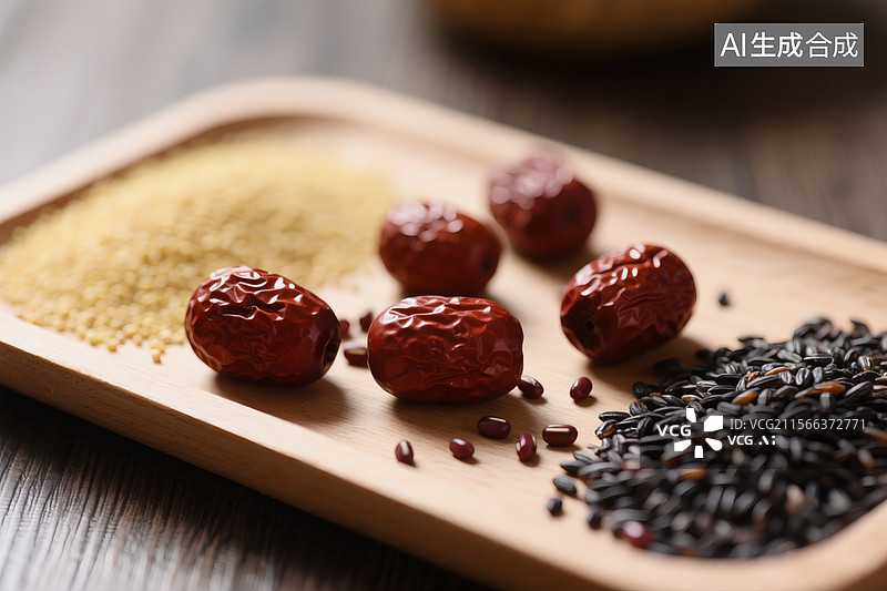 【AI数字艺术】桌面上，木质托盘上散放着几颗红枣，小米，红豆，黑米，高清特写图片素材