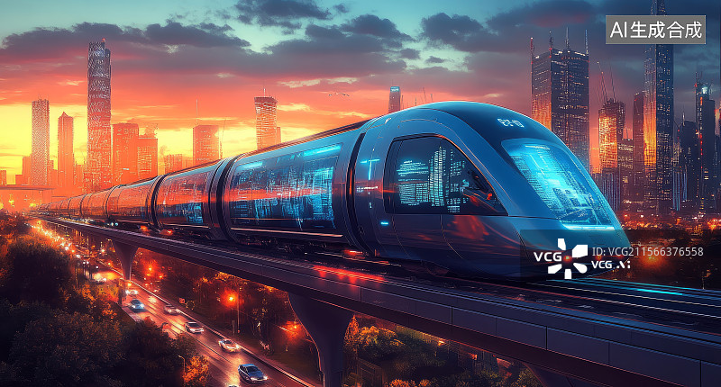 【AI数字艺术】科技感城市轻轨穿行于高楼图片素材