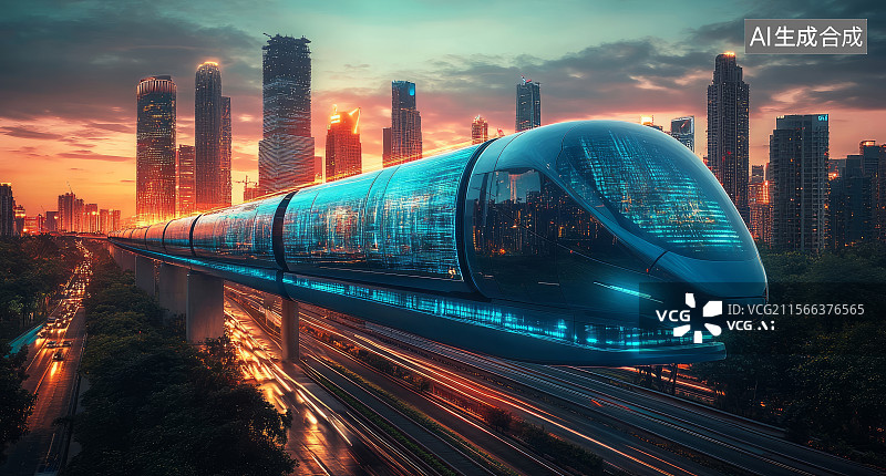 【AI数字艺术】科技感城市轻轨穿行于高楼图片素材