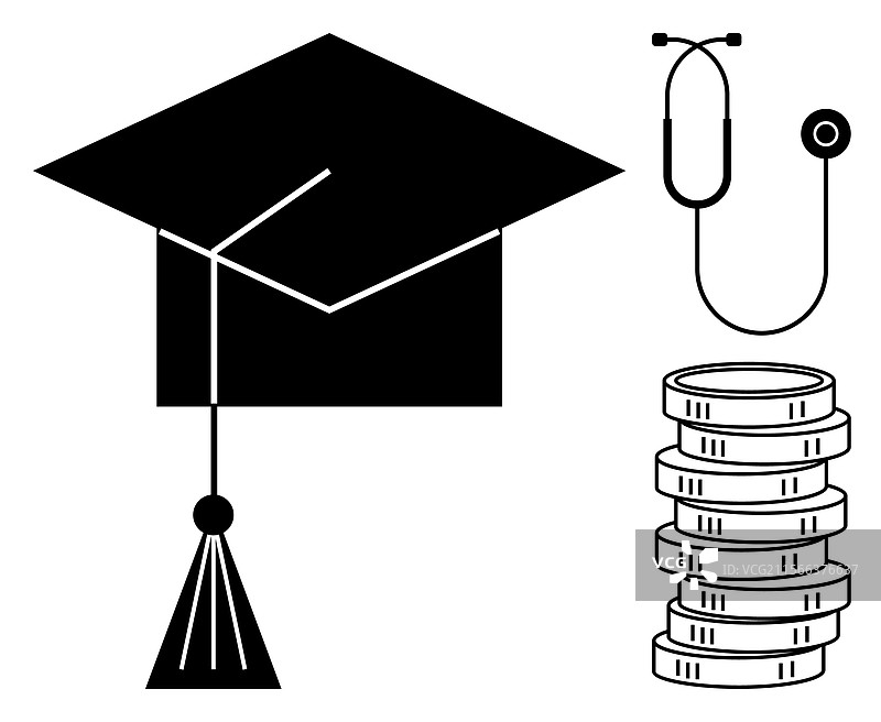 毕业帽与听诊器和堆叠的硬币图片素材
