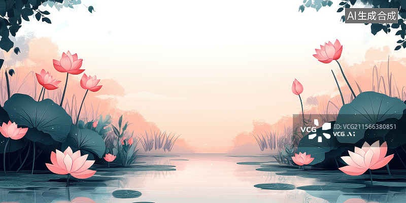 【AI数字艺术】中国风水墨池塘荷花风景山水画图片素材