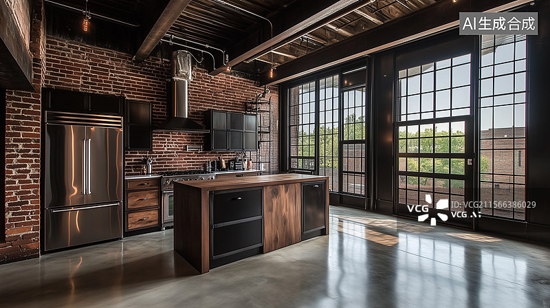 【AI数字艺术】工业风阁楼厨房图片素材
