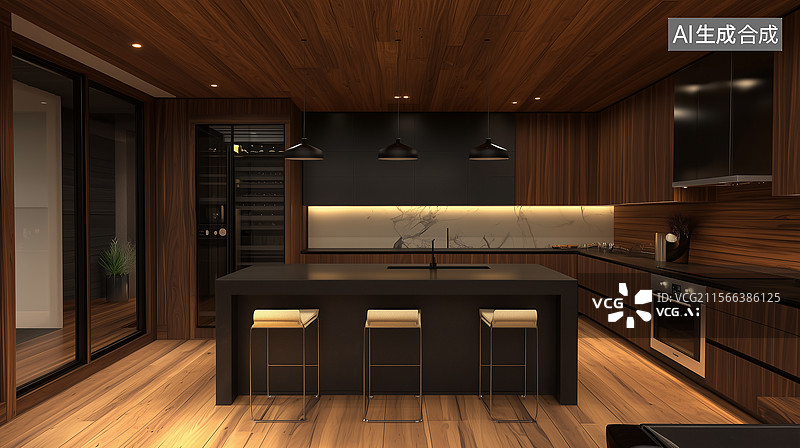 【AI数字艺术】现代暗色系极简奢华厨房图片素材