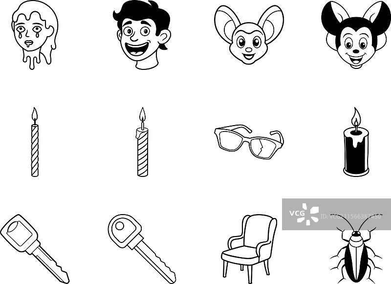 可爱的卡通图标集合：面孔、蜡烛、钥匙、椅子图片素材
