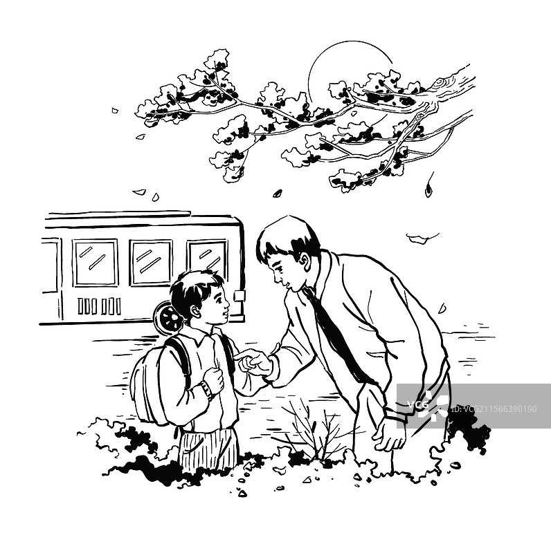 黑白插画 爸爸女儿 小学生放学 接放学小车 父女 说话 指导 教育 一家人 安全图片素材